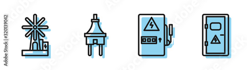 Set line Electrical panel, Wind turbine, Electric plug and Electrical cabinet icon. Vector