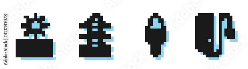 Set line Light bulb, Solar energy panel and sun, High voltage power pole line and Electric extension cord icon. Vector