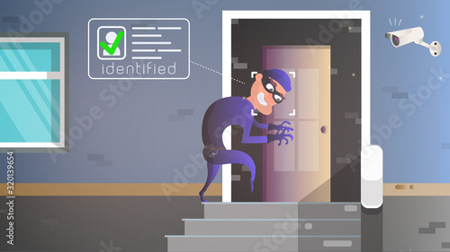 A thief sneaks into the house. The robber is trying to crack the door. Sign of a robbery. A surveillance camera recorded a thief. Security concept. Vector illustration