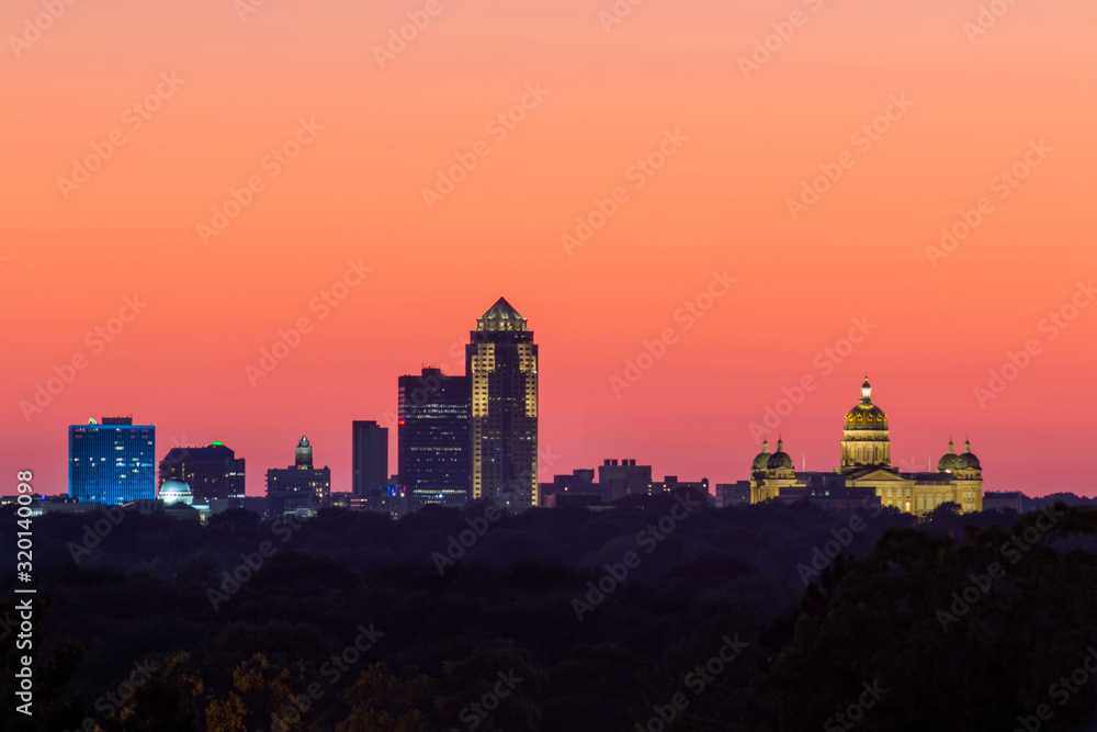 Des Moines Skyline and Capitol at Sunset