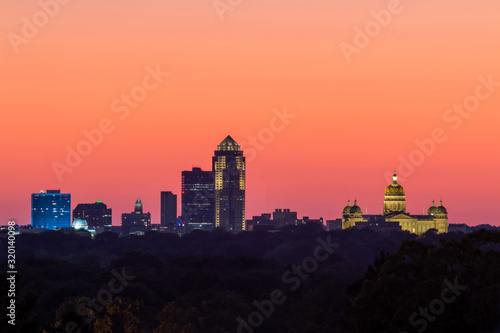 Des Moines Skyline and Capitol at Sunset