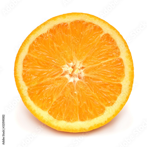 Slice orange fruit isolated on white background. Perfectly retouched, full depth of field on the photo. Creative healthy food concept. Nature, juice. Flat lay, top view