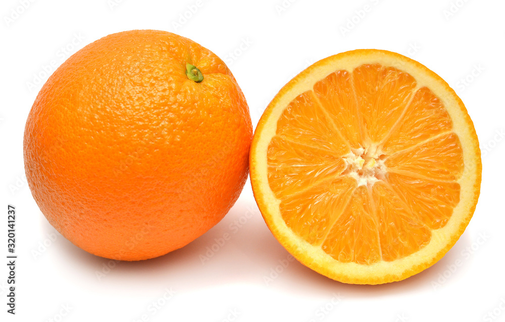 Orange fruit whole and slice isolated on white background. Perfectly retouched, full depth of field on the photo. Creative healthy food concept. Nature, juice. Flat lay, top view Orange fruit whole and slice isolated on white background. Perfectly retouched, full depth of field on the photo. Creative healthy food concept. Nature, juice. Flat lay, top view