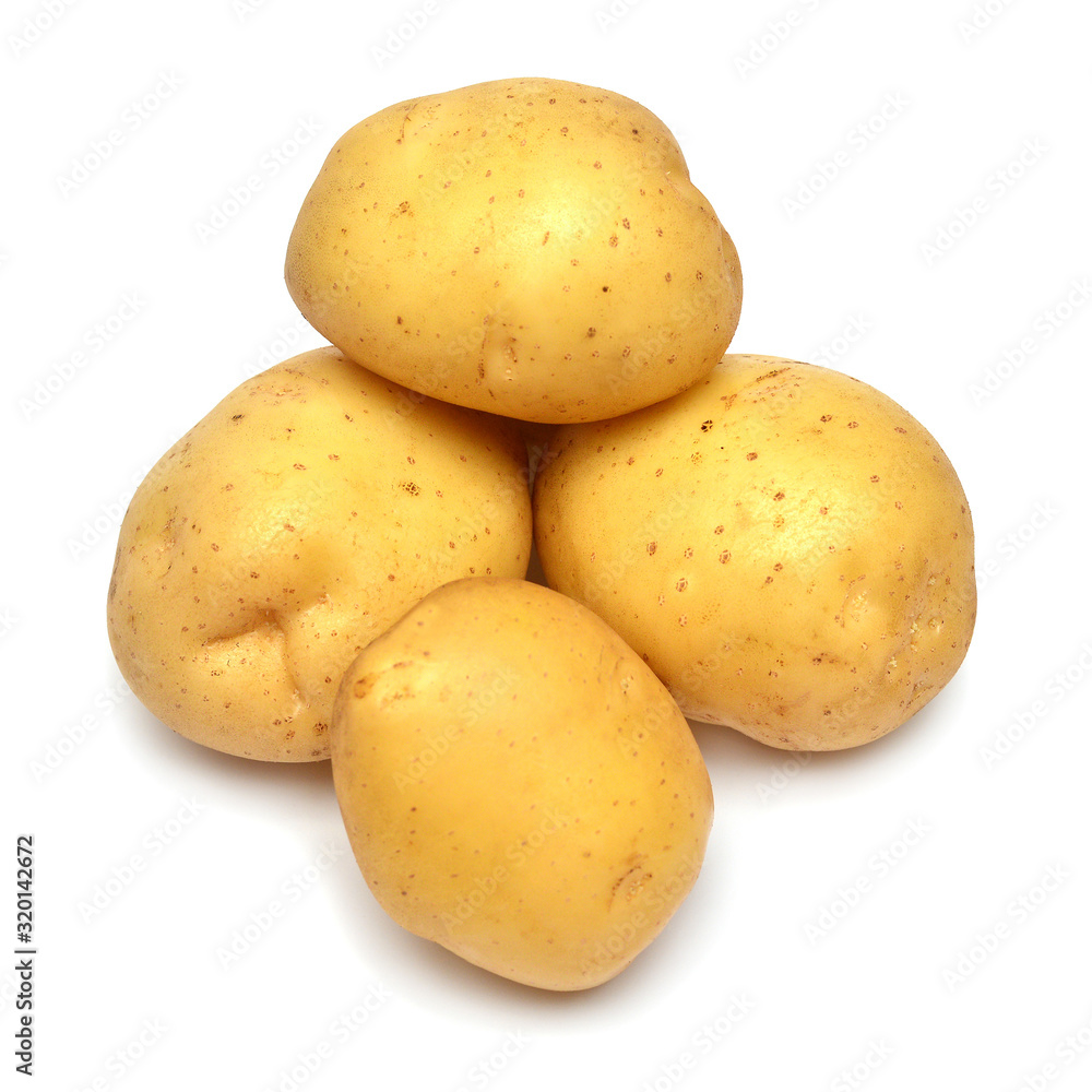 Group young potato isolated on white background. Harvest new. Perfectly retouched, full depth of field on the photo. Flat lay, top view Group young potato isolated on white background. Harvest new. Perfectly retouched, full depth of field on the photo. Flat lay, top view