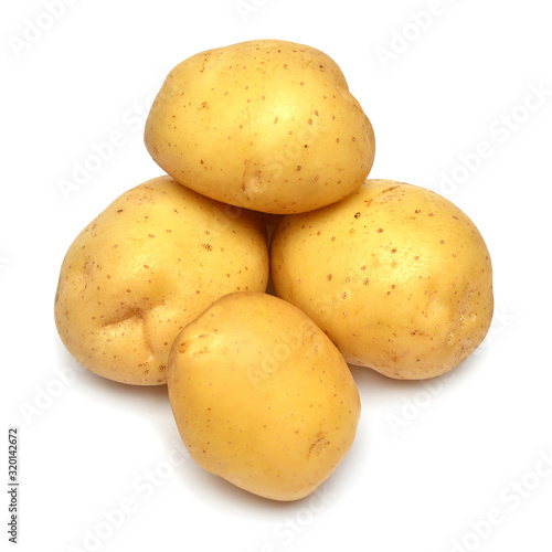 Group young potato isolated on white background. Harvest new. Perfectly retouched, full depth of field on the photo. Flat lay, top view