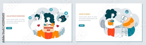 Volunteering organizations flat vector landing page templates set