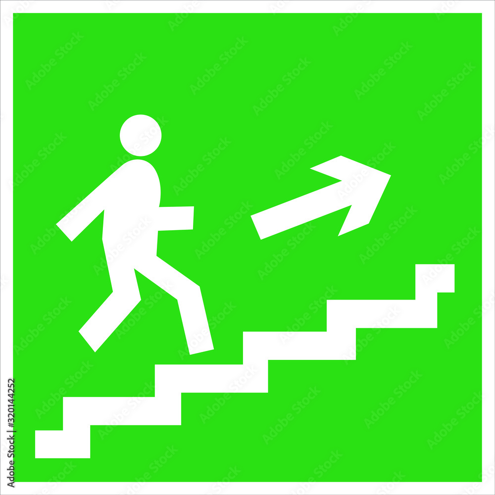 fire safety sign, direction to the emergency exit stairs rightside up