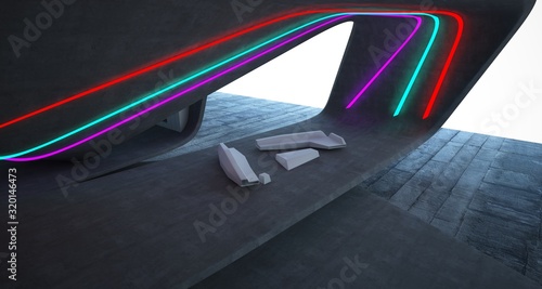 Abstract architectural concrete interior of a minimalist house with colored neon lighting. 3D illustration and rendering.