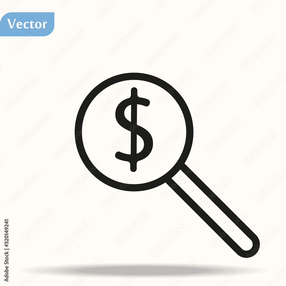 Search dollar icon isolated on white background. Magnifying glass symbol modern, simple, vector, icon for website design, mobile app, ui. Vector Illustration Search dollar icon isolated on white background. Magnifying glass symbol modern, simple, vector, icon for website design, mobile app, ui. Vector Illustration