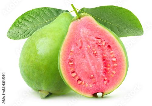 Isolated guava. One whole green guava fruit and a half with pink flesh on a branch with leaves isolated on white background with clipping path