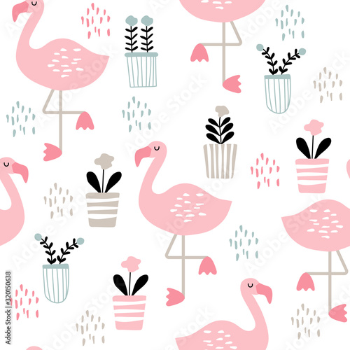 Seamless pattern with cute drawn pink flamingos © color885
