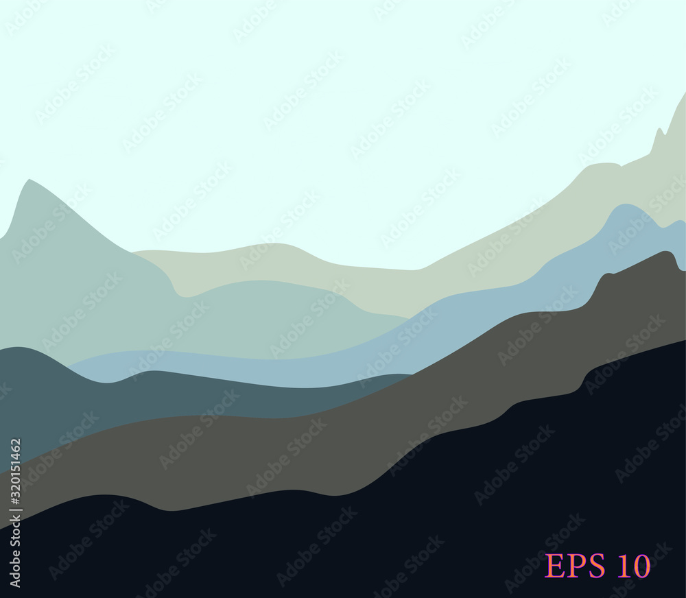 Mountain landscape. Morning wood panorama, mountains silhouettes.