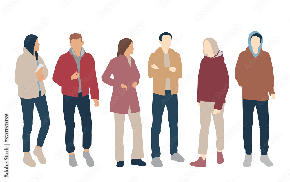 Obraz premium Silhouettes of men and women, different colors, cartoon character, group of standing business people, flat icon design concept isolated on white background