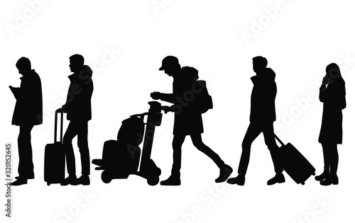 Vector silhouettes of men and women walking, standing with a smartphone, carrying a trolley with Luggage, suitcases, leaving or arriving business people, black color isolated on a white background