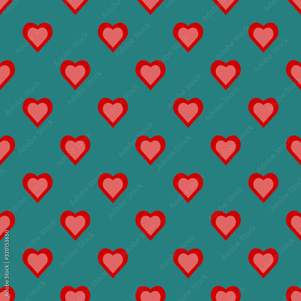 Card seamless pattern of hearts. Red-lovingly heart pattern on a green background. Flat vector illustration. Card seamless pattern of hearts. Red-lovingly heart pattern on a green background. Flat vector illustration.