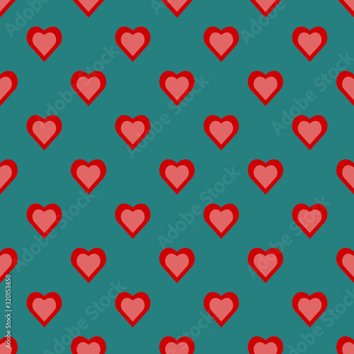 Card seamless pattern of hearts. Red-lovingly heart pattern on a green background. Flat vector illustration.