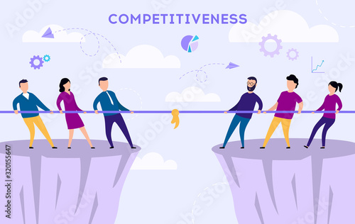 Business Competition Tug Of War, Rivalry Concept. Flat Business People Characters are Pulling Rope Standing Opposite Ends. Corporate Conflict. Cartoon Flat Style. Vector illustration