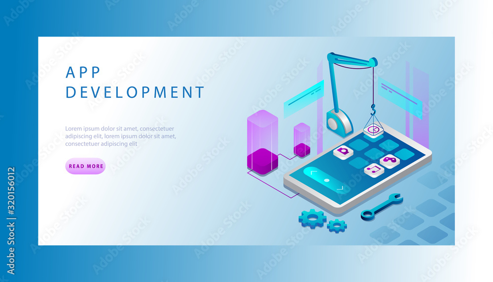 Isometric Landing Page Template Of Mobile Application Development with smartphone, Process of Development. Vector Illustration Isometric Landing Page Template Of Mobile Application Development with smartphone, Process of Development. Vector Illustration