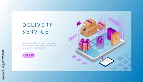 Isometric Logistics and Delivery Service Landing Page Concept. Delivery home and office. Big Smartphone With App, and Parcels. Vector Illustration