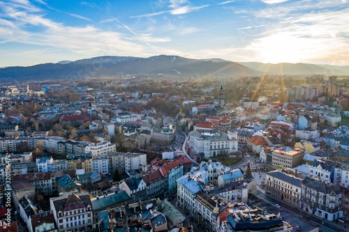 Aerial drone view on Bielsko-Biala. Bielsko-Biala is a city in southern Poland.