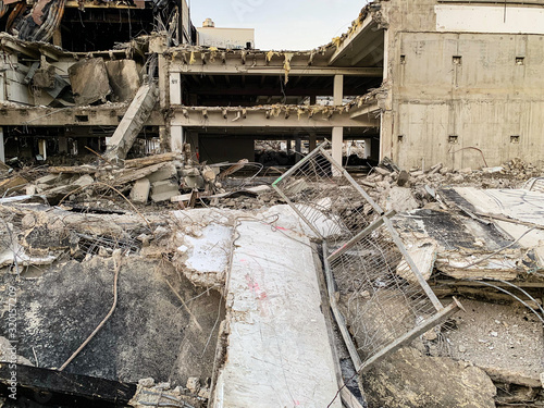 Ruins of a destroyed building in a city