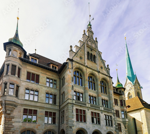 City Hall Stadthaus and Fraumunster Church in the old city center in Zurich, Switzerland