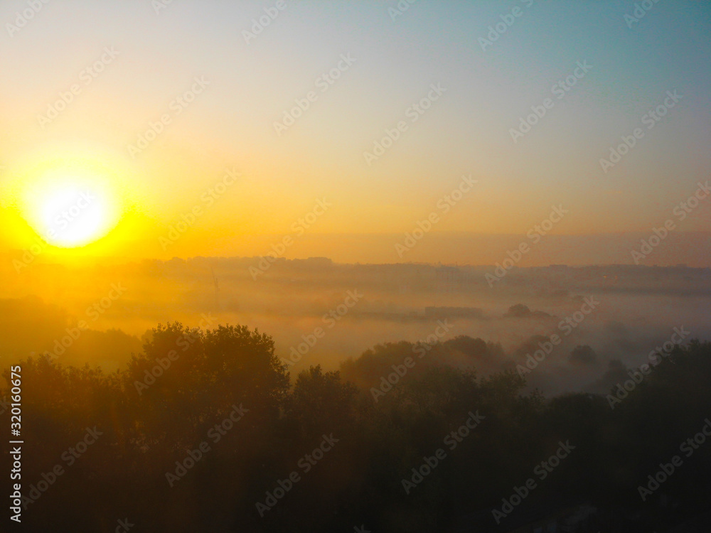 Incredible Dawn. Beautiful Sunrise, A Valley In The Morning Mist. Aerial View. Incredible Dawn. Beautiful Sunrise, A Valley In The Morning Mist. Aerial View.