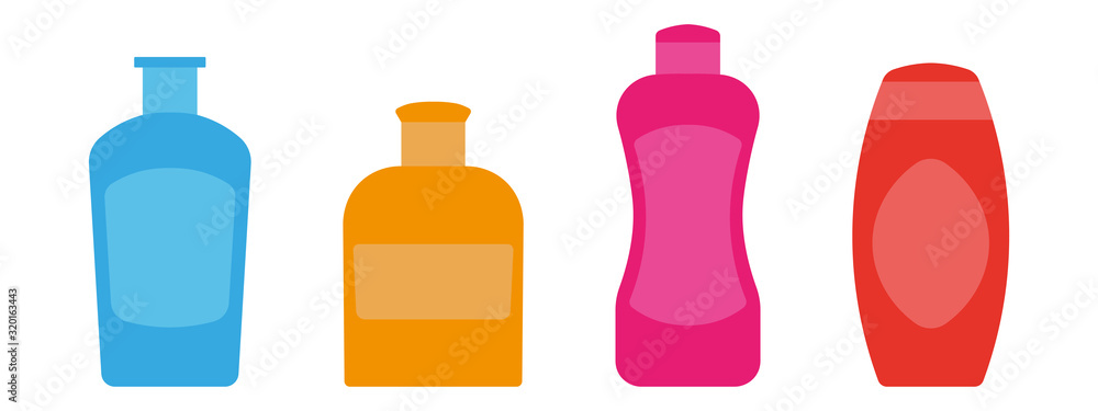 Set of colored plastic bottles. Shampoo, soap, detergent, household chemicals. Vector drawing. Isolated object on a white background. Isolate. Set of colored plastic bottles. Shampoo, soap, detergent, household chemicals. Vector drawing. Isolated object on a white background. Isolate.