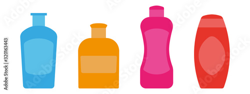 Set of colored plastic bottles. Shampoo, soap, detergent, household chemicals. Vector drawing. Isolated object on a white background. Isolate.