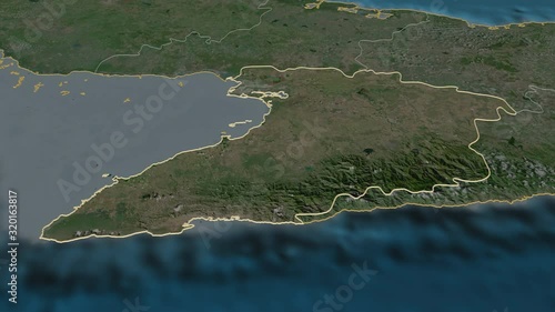 Granma, province with its capital, zoomed and extruded on the satellite map of Cuba in the conformal Stereographic projection. Animation 3D photo