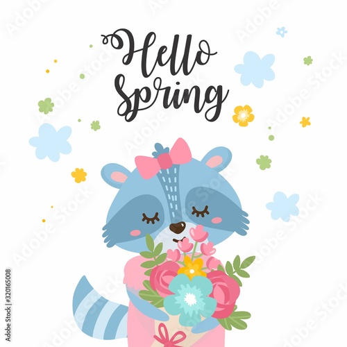 Hello Spring greeting card. ute raccoon with spring flowers bouquet. Raccoon rejoices in spring. Cute childish illustration.