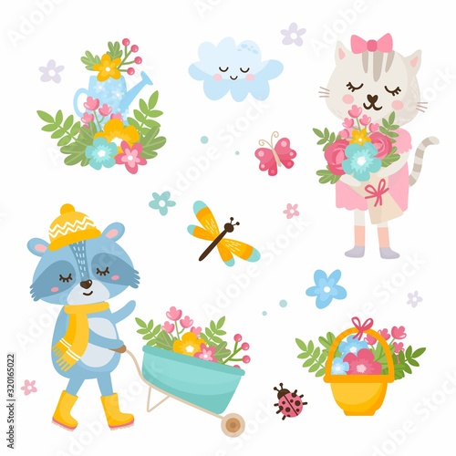 Hello spring card. Cute illustration with a bouquet of flowers in a basket, watering can, dragonfly, cloud. ute raccoon with a garden wheelbarrow. Cute cat with a bouquet of flowers.