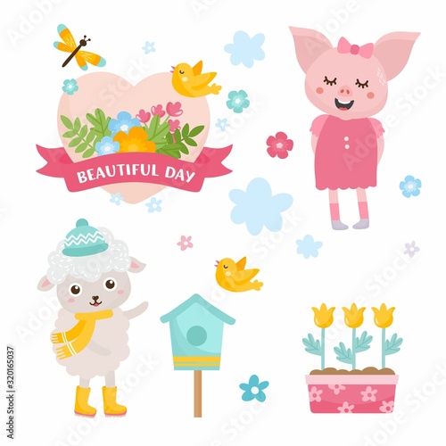 Hello Spring greeting card. ute pig and shep rejoices in spring. birdhouse many flowers and birds. Cute childish illustration.