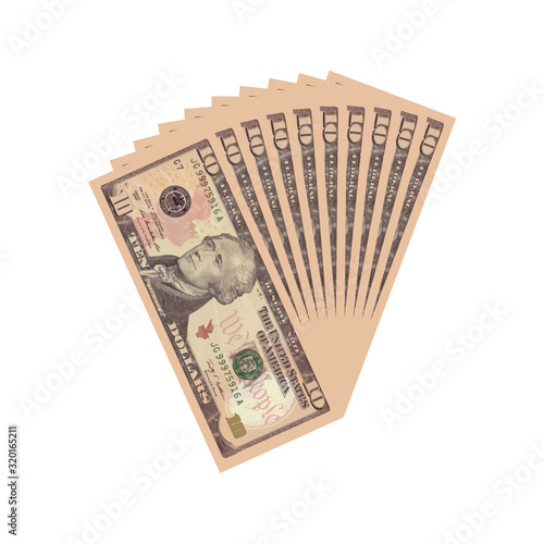 Fan of 10 dollars banknotes. Money currency, finance pay salary vector illustration	