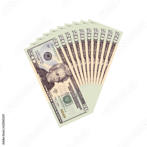 Fan of 20 dollars banknotes. Money currency, finance pay salary vector illustration	