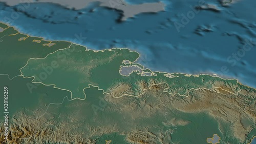 Holguín, province with its capital, zoomed and extruded on the relief map of Cuba in the conformal Stereographic projection. Animation 3D photo