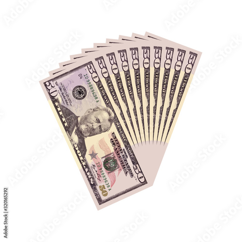Fan of 50 dollars banknotes. Money currency, finance pay salary vector illustration	