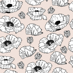 Acrylglasbilder Mohnblumenmuster Mohnblumen Skizze auf Beigem Hintergrund  © Lena