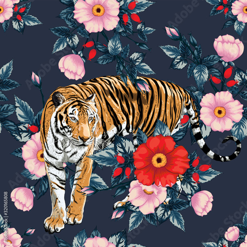 Seamless pattern red roseand pink wild rose flowers on black background.Vector illustration hand drawing doodle.For used wallpaper design,textile fabric or wrapping paper.