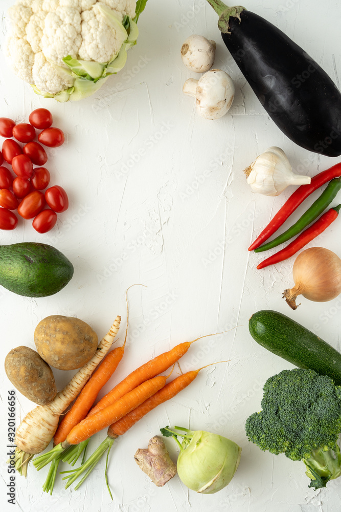 space for text various fresh organic vegetable table white board