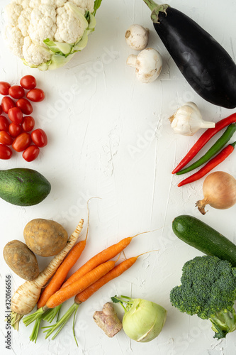 space for text various fresh organic vegetable table white board