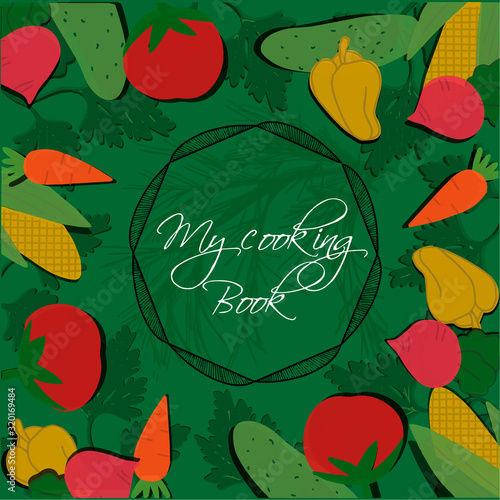 Illustration of the cover of a cookbook with drawn vegetables.