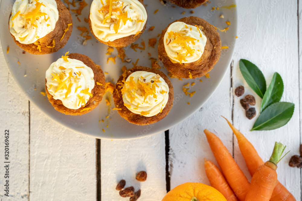 carrot cake cupcake bite size dessert snack homemade baked dessert cream orange peel decoration board composition cafe bistro