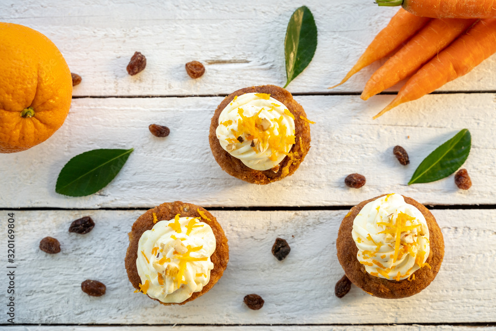 carrot cake cupcake bite size dessert snack homemade baked dessert cream orange peel decoration board composition cafe bistro