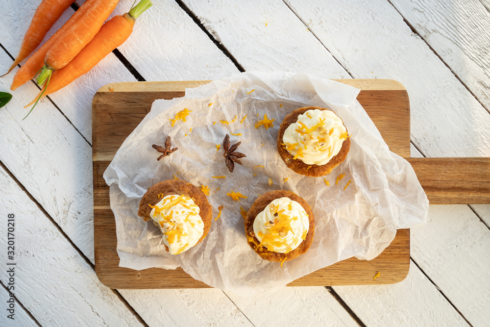 carrot cake cupcake bite size dessert snack homemade baked dessert cream orange peel decoration board composition cafe bistro