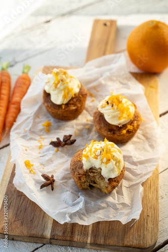 carrot cake cupcake bite size dessert snack homemade baked dessert cream orange peel decoration board composition cafe bistro