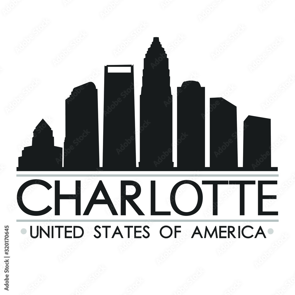 Charlotte North Carolina Skyline Silhouette. Design City Vector Art. Landmark Banner Illustration.