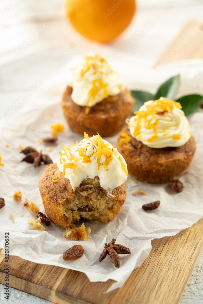 carrot cake cupcake bite size dessert snack homemade baked dessert cream orange peel decoration board composition cafe bistro