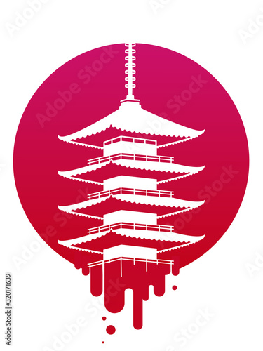 Wallpaper Mural Japanese pagoda, a silhouette. Vector illustration. The rising sun as a symbol of Japan. Red colours. Torontodigital.ca