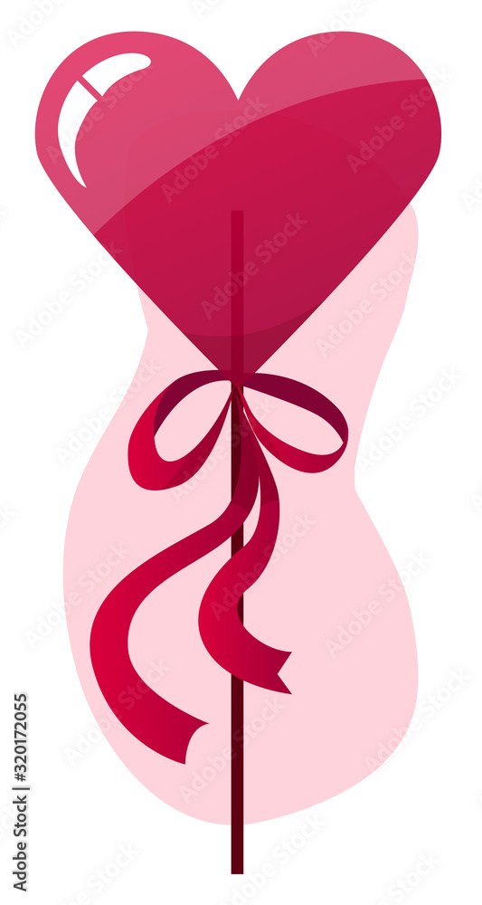 Vector illustration of a lollypop in a shape of heart on a pink background.